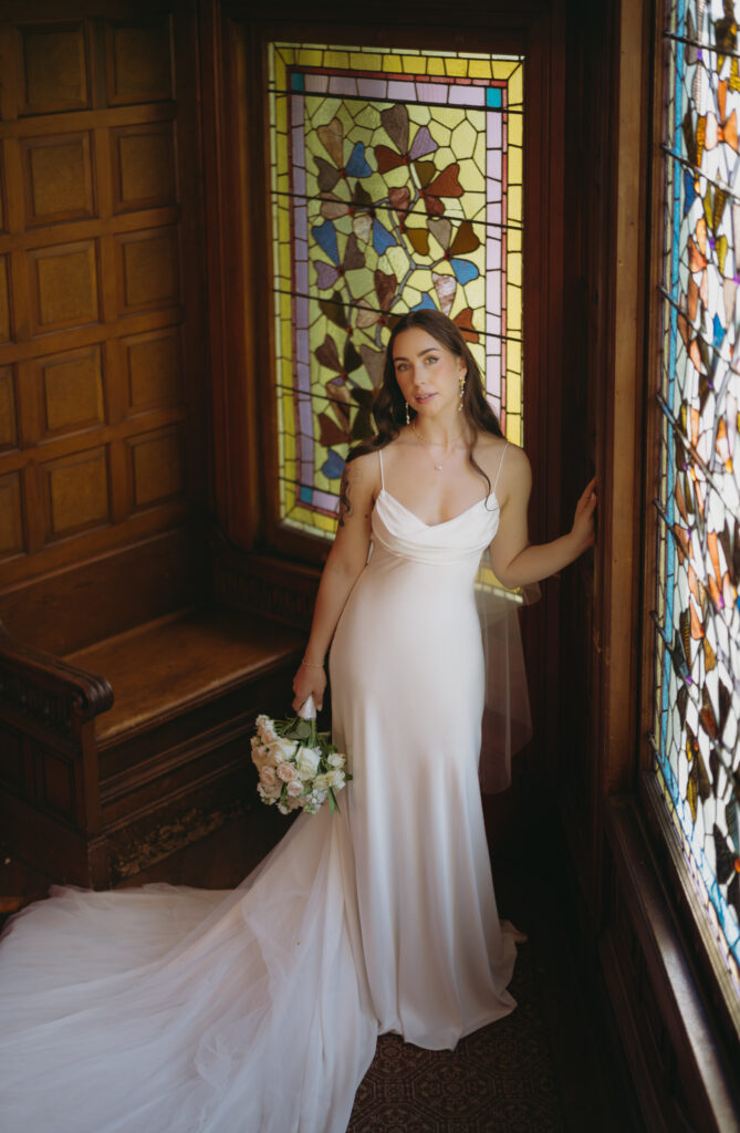 editorial bridal photo, falkirk wedding photos, falkirk cultural center wedding, stained glass wedding photo, 